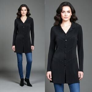 Black Dressy Blouse Sz S Longline Sparkling Beads Faceted Button Up Holidays